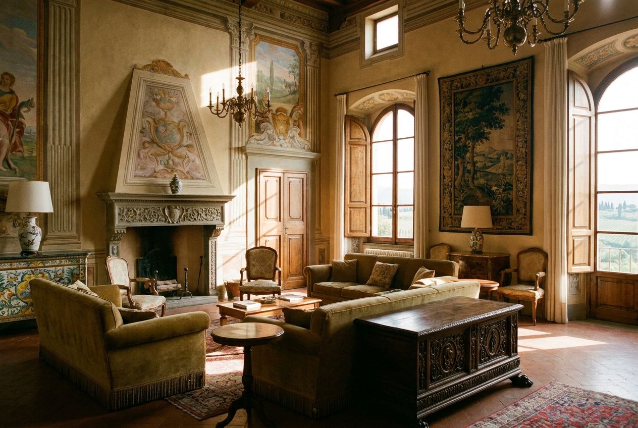 A beautiful, elegant living room in a traditional Italian villa or boutique hotel, bathed in warm afternoon sunlight. The room features classic Italian furniture, high ceilings, and large windows with a scenic view, captured as a vivid, striking photograph in a 3:2 landscape frame.