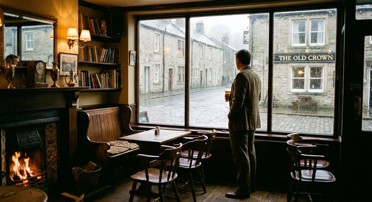 A solitary figure stands by a large window inside a warmly lit, traditional British pub, gazing out at a charming, rain-slicked cobblestone street. Heavy raindrops stream down the windowpane, and the street outside is empty, conveying a strong sense of anticipation, waiting for the rain to cease before stepping out.