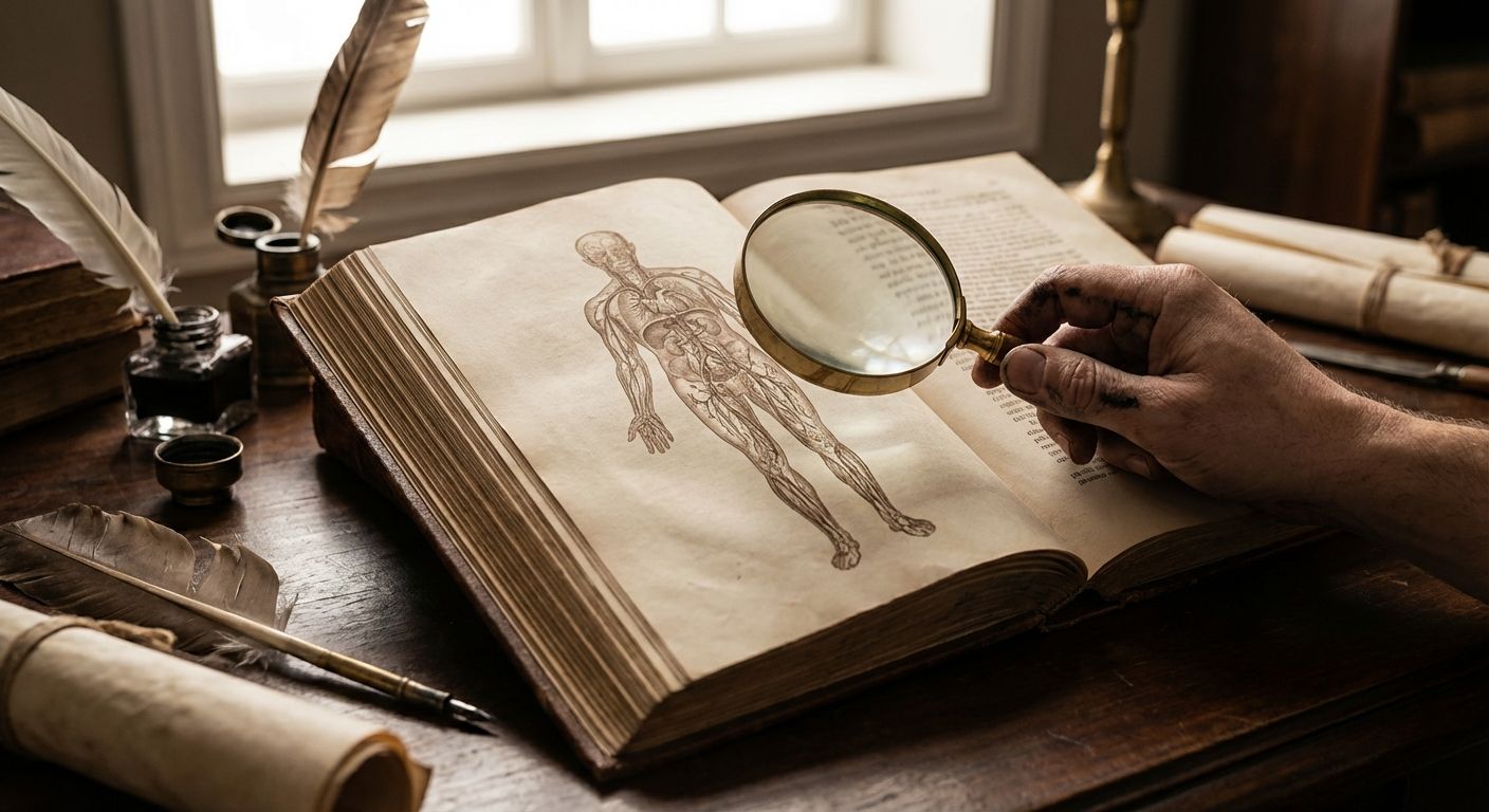 A dramatic, close-up photograph of an antique, leather-bound anatomy book open to a detailed, intricate illustration of the human circulatory system. A hand, perhaps holding a magnifying glass or a quill, is meticulously studying a specific detail on the illuminated page, set on a dark wooden desk. The scene, bathed in soft, natural light, evokes the spirit of scientific discovery and meticulous observation during the Medical Renaissance.