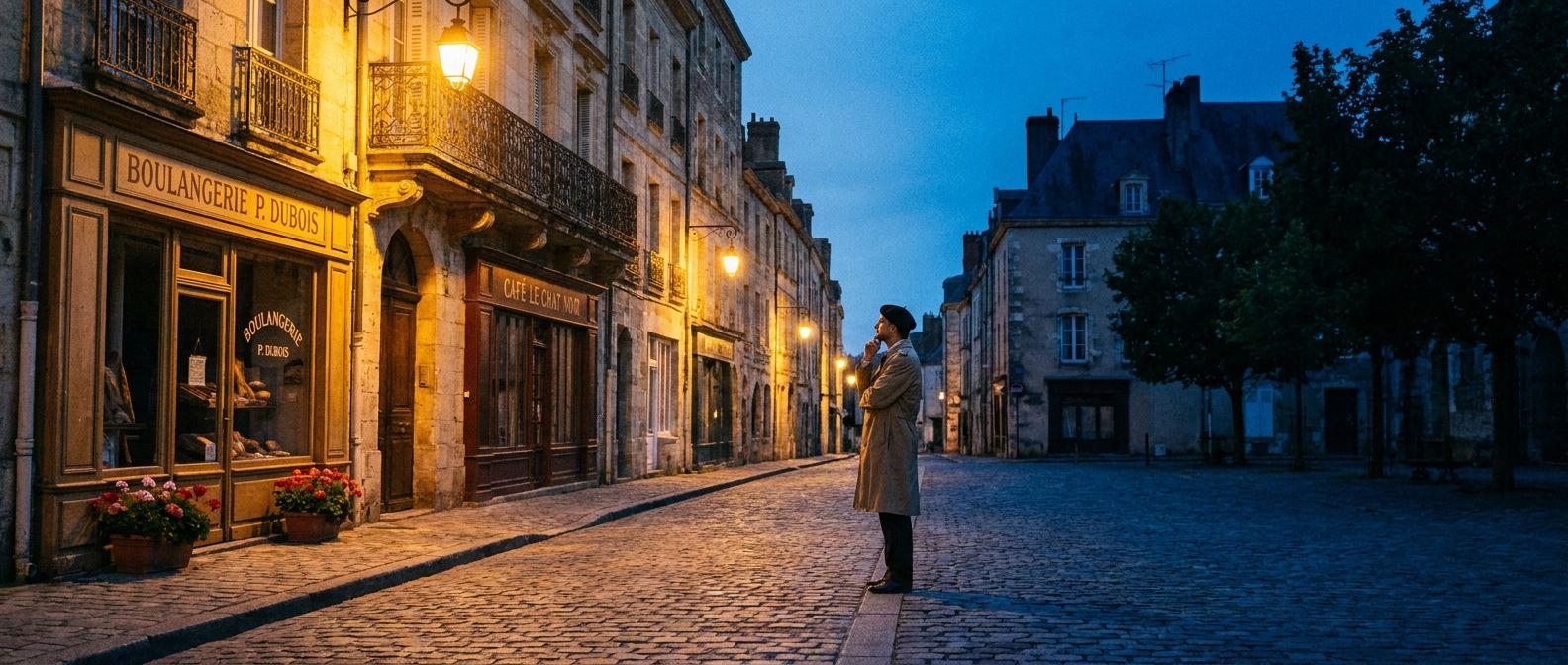 A striking photograph of a charming French street at dusk. One side of the street is brightly illuminated by clear, warm light, showcasing crisp architectural details, while the other side is softly veiled in atmospheric shadows. A solitary French person stands thoughtfully at the boundary between light and shadow, contemplating the contrasting moods of the scene, captured in a wide, horizontal frame.