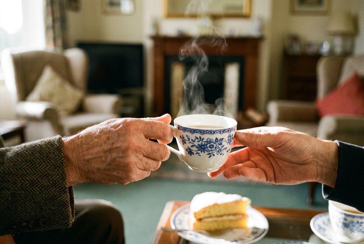 A close-up, warm photograph of a hand gracefully offering a steaming cup of British tea in a delicate teacup to another person. The background shows a cozy, inviting British living room or café, with a slice of cake on a plate, emphasizing polite hospitality in a 3:2 landscape frame.