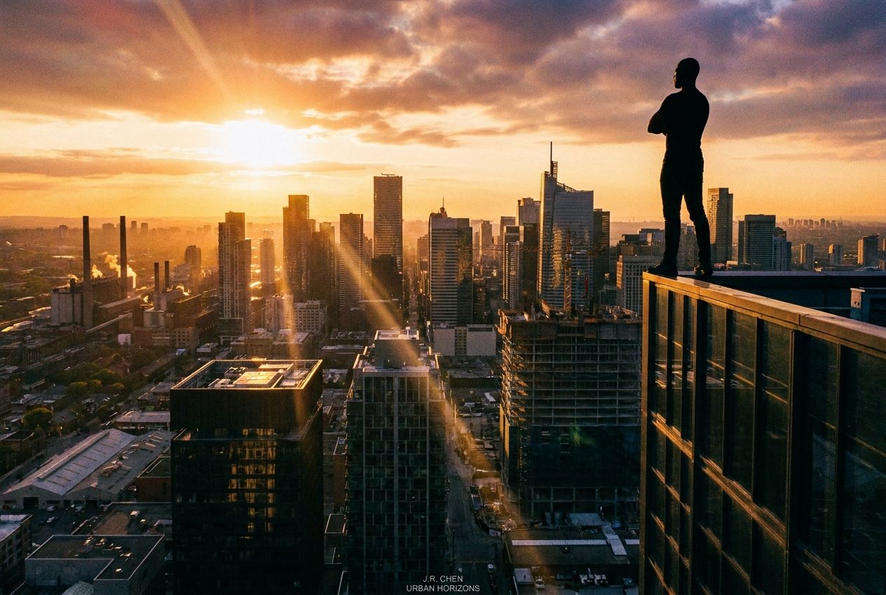A dynamic photograph of a professional silhouette standing confidently, gazing at a sprawling city skyline bathed in the dramatic light of either dawn or dusk. The interplay of light and shadow across the urban landscape symbolizes the diverse working conditions and career opportunities, composed for a 3:2 landscape frame.