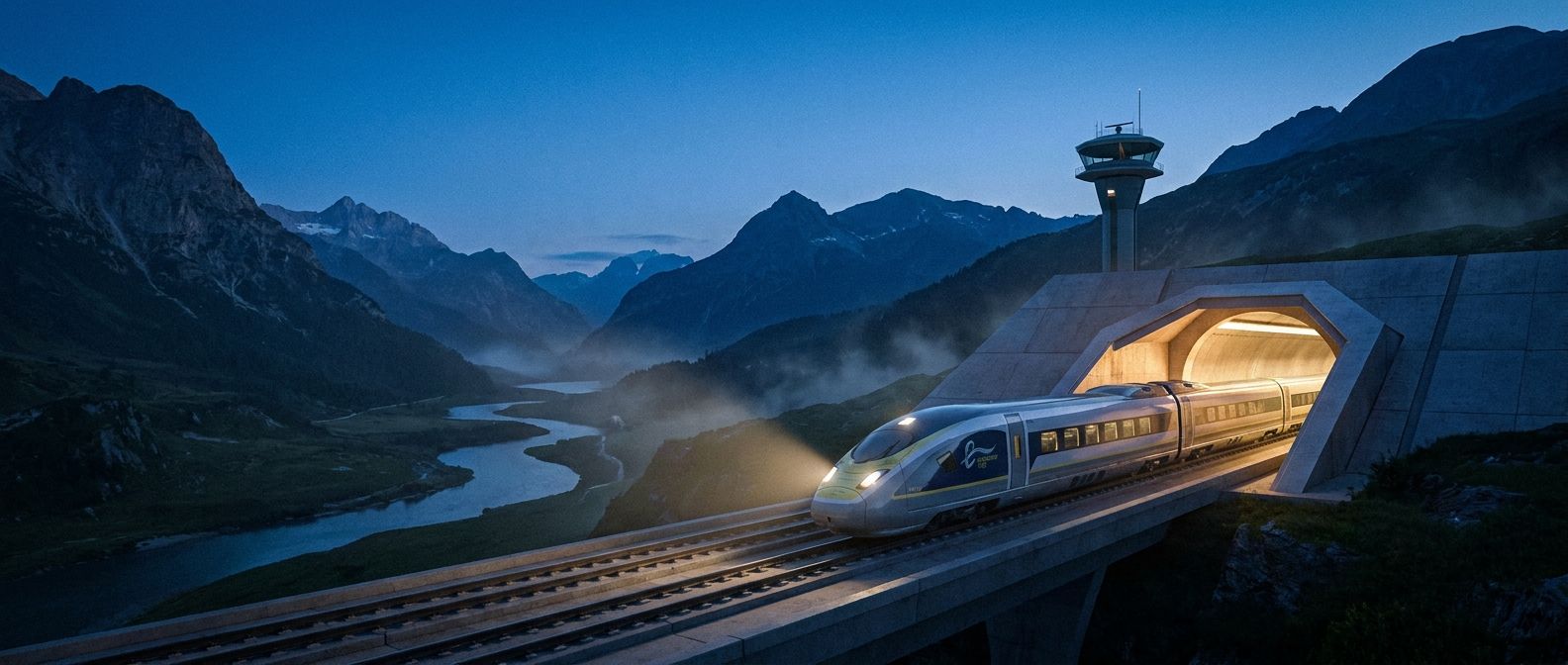 A wide-angle photograph of a sleek, modern high-speed train emerging from a meticulously engineered, illuminated tunnel in a dramatic European landscape at dusk. The train's design is minimalist and futuristic, and the tunnel entrance is geometrically precise, conveying a sense of advanced technology, safety, and regulated progress. The sky is a deep twilight blue, with warm light spilling from the tunnel entrance.