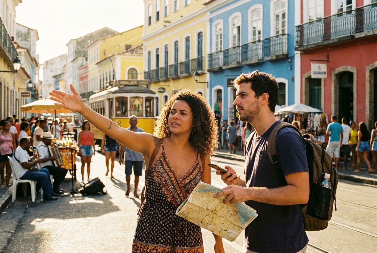 A vivid, sun-drenched photograph of two people engaged in conversation on a bustling street in a Brazilian city. One person is actively gesturing with their hand, giving directions, while the other listens intently, perhaps holding a phone or small map. The background features colourful colonial architecture and vibrant street life, capturing the authentic energy of a Brazilian urban environment in a 3:2 landscape frame.