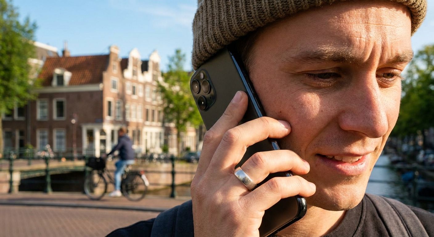 A candid, close-up photograph of a person's hand holding a modern smartphone to their ear, with a focused, thoughtful expression on their face. The background, softly blurred, reveals a picturesque Dutch canal scene with traditional gabled houses and a passing bicycle under a bright, clear sky. The lighting is natural and warm, emphasizing connection and communication.