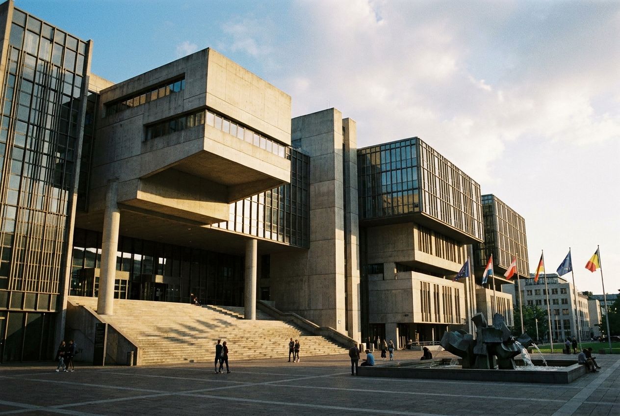 A wide-angle, striking photograph of a grand, modern European institutional building, featuring strong architectural lines and a sense of authority and structured governance. The scene is illuminated by dramatic natural light, emphasizing its imposing presence, composed for a 3:2 landscape frame.