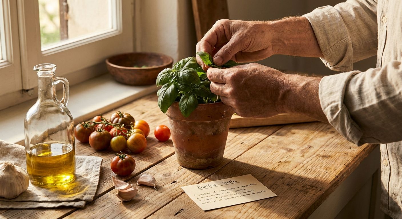 A dramatic, close-up photograph of a chef's hands carefully selecting vibrant green basil leaves from a small terracotta pot on a rustic wooden kitchen counter. Around the pot, other fresh Italian ingredients like ripe red tomatoes, garlic cloves, and a drizzle of olive oil are artfully arranged. The scene is bathed in warm, natural light, highlighting the texture and color of the produce, capturing the essence of thoughtful culinary choices in Italy.