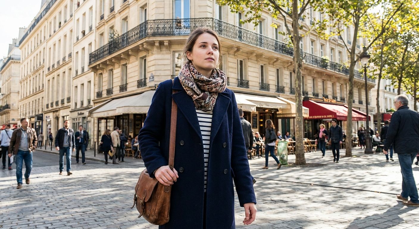 A thoughtful young person, dressed in contemporary French style, walks through a vibrant, sunlit Parisian street, carrying a stylish messenger bag. Their gaze is contemplative, reflecting on their work and study journey amidst the classic Haussmannian architecture of the city.