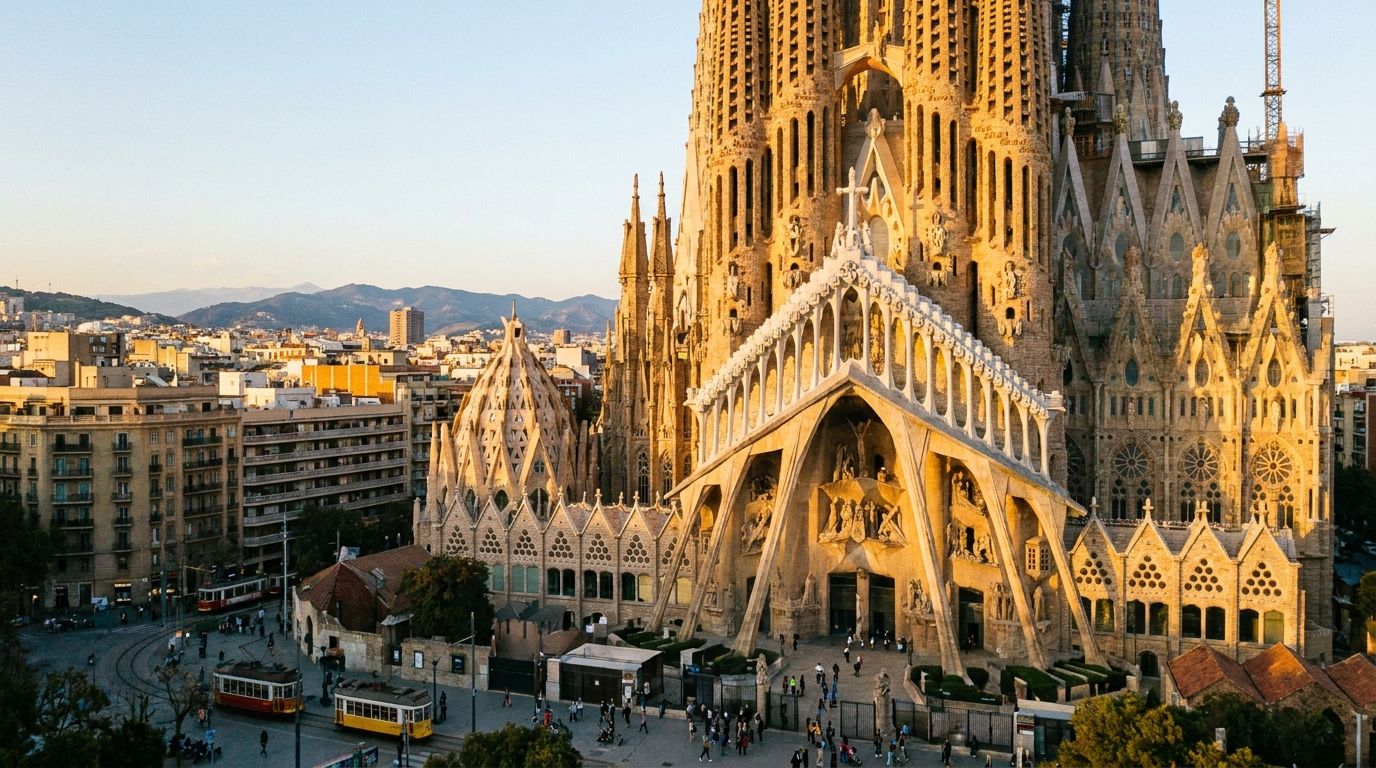 A majestic wide-angle photograph of the Sagrada Familia in Barcelona, Spain, bathed in golden hour sunlight, emphasizing its intricate architectural details and soaring spires against a clear sky. The scene evokes a sense of history and grandeur.