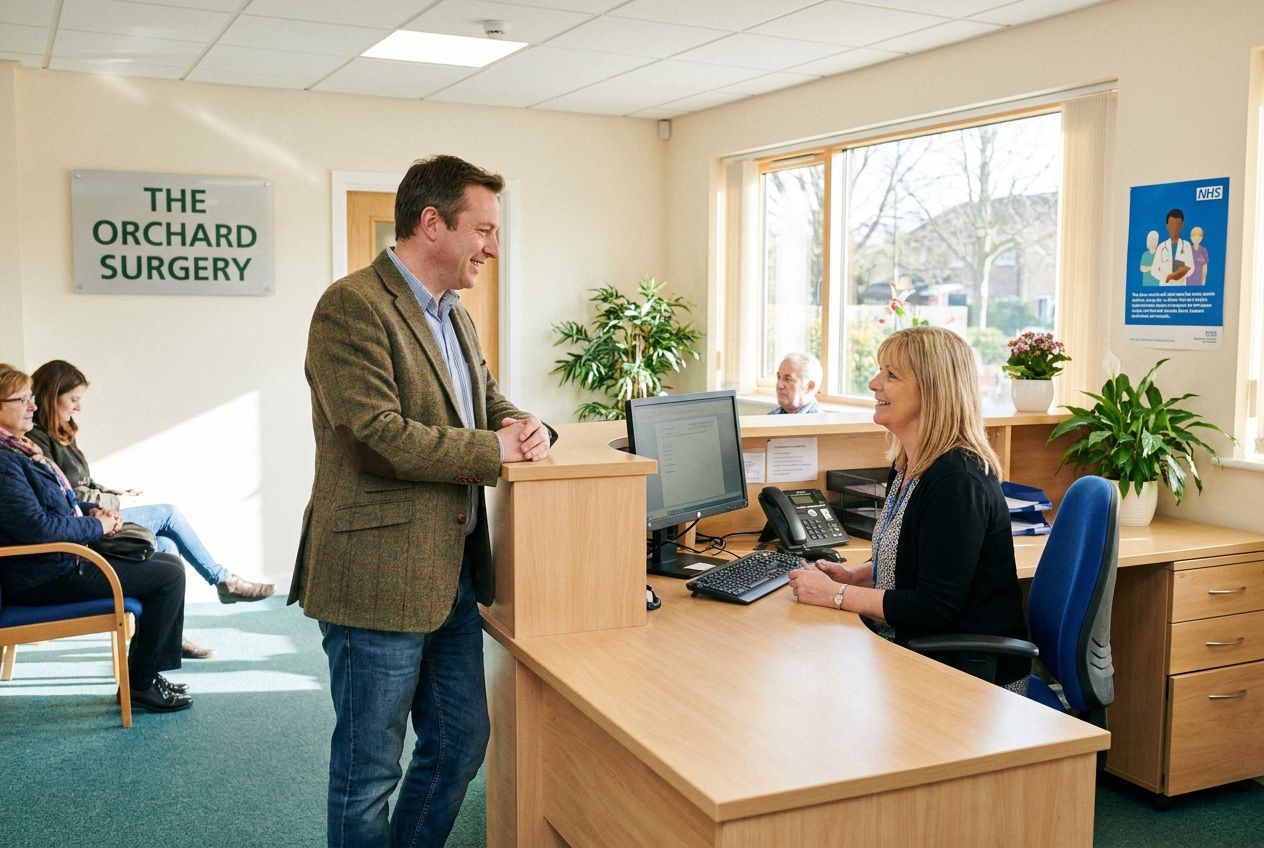 A patient, dressed in everyday clothes, stands at the reception desk of a clean, modern British General Practitioner (GP) surgery. A friendly receptionist is attending to them, with a computer screen and typical office equipment visible in the background. The scene should convey a sense of calm professionalism, with soft, natural lighting, composed as a vivid photograph in a 3:2 landscape aspect ratio.
