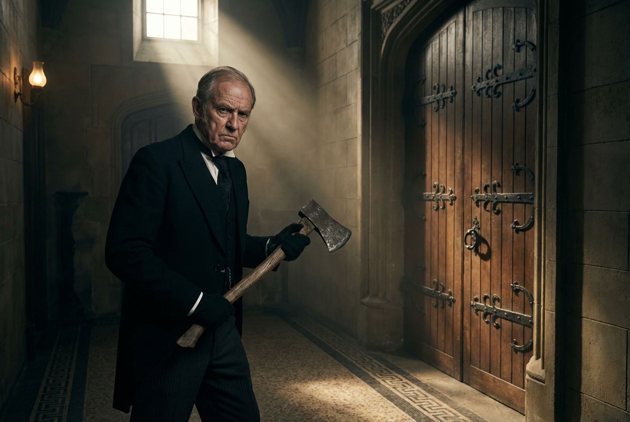 A determined Victorian butler, axe held firmly, stands before a massive, dark wooden door in a grand, dimly lit hallway. Dramatic shadows and a single shaft of light illuminate his desperate resolve, capturing the tension of a moment where loyalty and fear compel action. Photorealistic, 3:2 landscape frame.