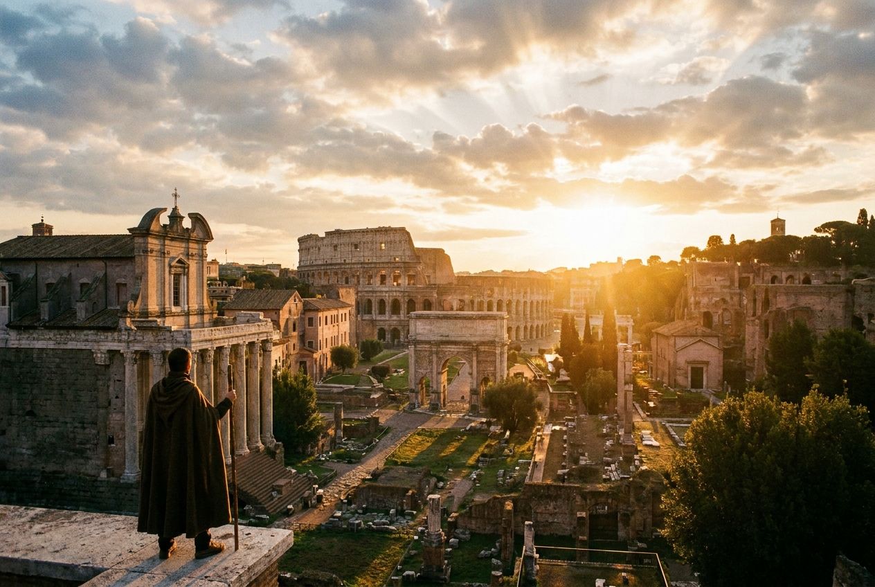 A dramatic wide-angle photograph taken at sunrise, showing a person standing on a high vantage point and gazing out over the ancient Roman Forum. The warm golden light illuminates the majestic ruins, evoking a sense of aspiration, possibility, and the grandeur of history in a 3:2 landscape frame.
