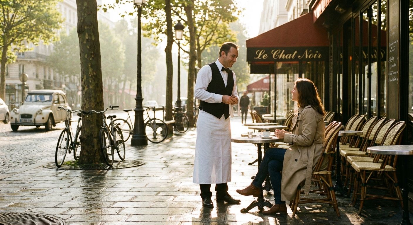 The image captures a street scene in Paris with a warm, slightly hazy atmosphere reminiscent of early morning light. A woman in a trench coat sits at an outdoor café, 'Le Chat Noir,' engaged in conversation with a waiter in a traditional black vest and white apron. The composition is balanced, with the café and patrons on the right, contrasting with a street featuring trees, lampposts, bicycles, and a classic white car on the left. The ground is wet, reflecting light and creating a sense of recent rain. The overall color palette leans towards warm yellows and browns, complemented by the neutral tones of the buildings and the waiter's attire. The style has a vintage, slightly soft focus, almost like a photograph from the late 20th century.