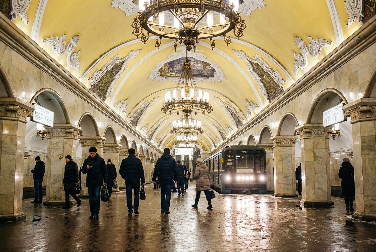 A wide, low-angle photograph capturing the ornate, opulent architecture of a grand Moscow Metro station, with golden chandeliers and marble columns. Commuters move through the station, some looking at signs, as a train approaches in the background, filling the 3:2 landscape frame with movement and vibrant light.