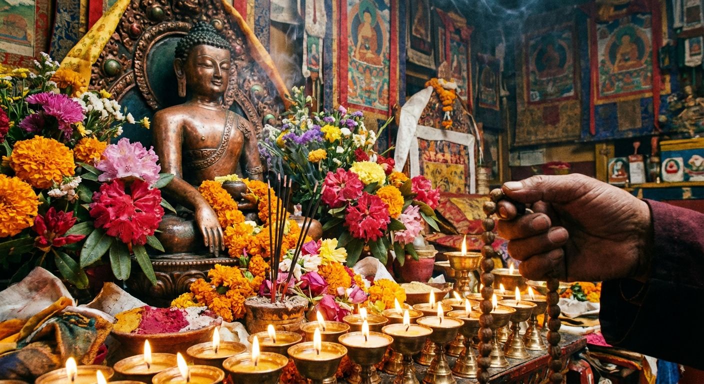 A dramatic close-up photograph of a vibrant Tibetan Buddhist shrine, featuring a serene Buddha rupa surrounded by fresh, colorful offerings of flowers, burning incense, and flickering butter lamps. In the foreground, a hand gently holds a string of mala beads, emphasizing the devotional practice.