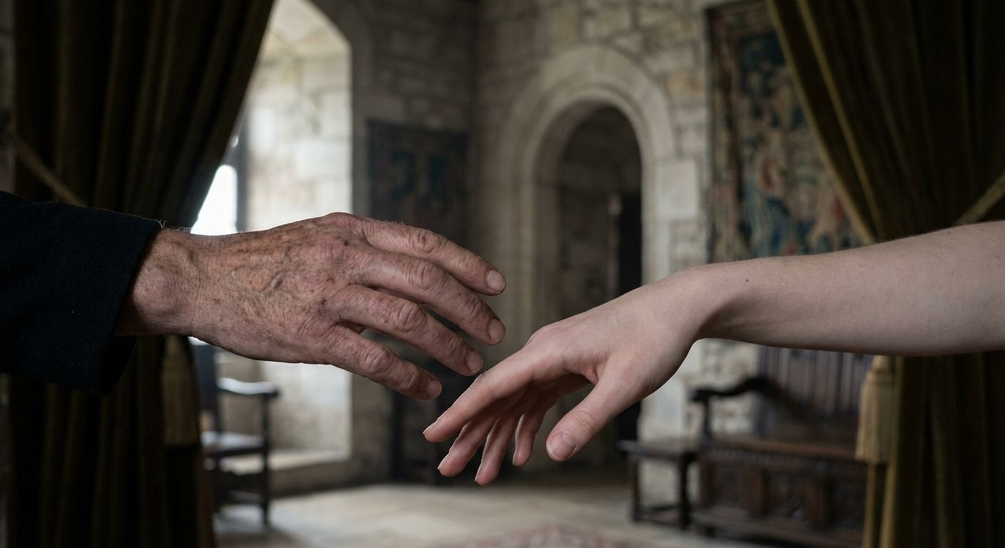 A dramatic close-up photograph of an older, weathered hand gently yet firmly releasing the delicate, open hand of a young woman. The young woman's hand is left suspended and vulnerable in the foreground, subtly turning away, hinting at isolation, while the older hand recedes into the soft focus of a grand, subtly illuminated Renaissance-era interior. The light is soft and melancholic.