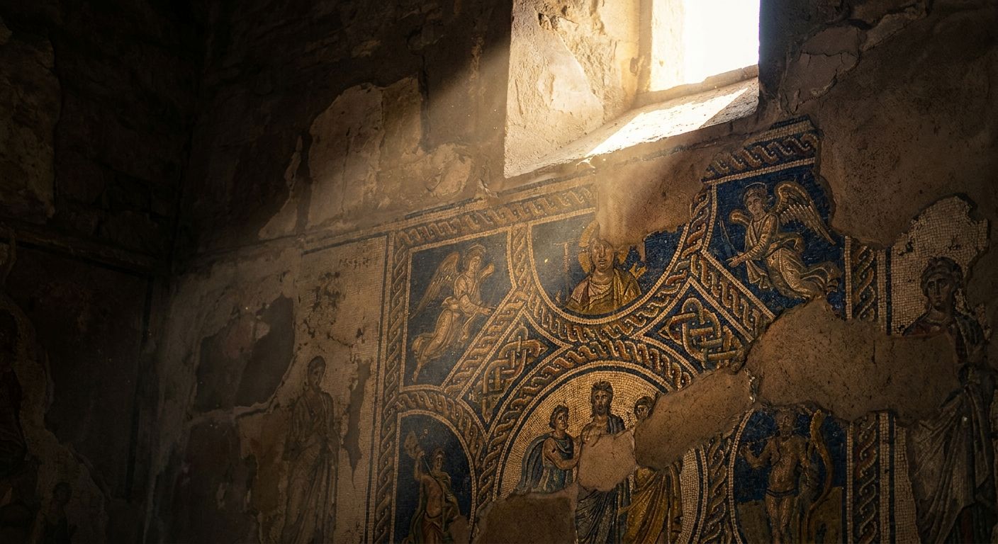 A dramatic close-up photograph of a richly detailed ancient Italian fresco or mosaic, with intricate patterns and figures, partially veiled in shadow but sharply illuminated by a single shaft of golden light. The interplay of light and shadow reveals hidden narratives and sophisticated artistry, inviting a deeper recognition of its profound beauty and complex meaning.