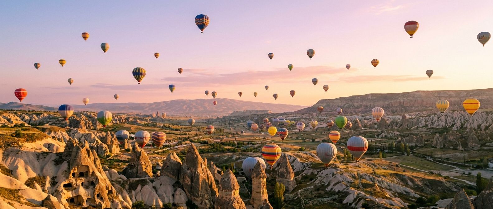 Numerous vibrant hot air balloons ascend gracefully over the otherworldly fairy chimney rock formations of Cappadocia, Turkey, as the sun rises, casting a warm golden glow across the dramatic landscape and painting the sky with soft pastel hues. This wide-angle photograph captures the majestic scale and serene beauty of the scene.