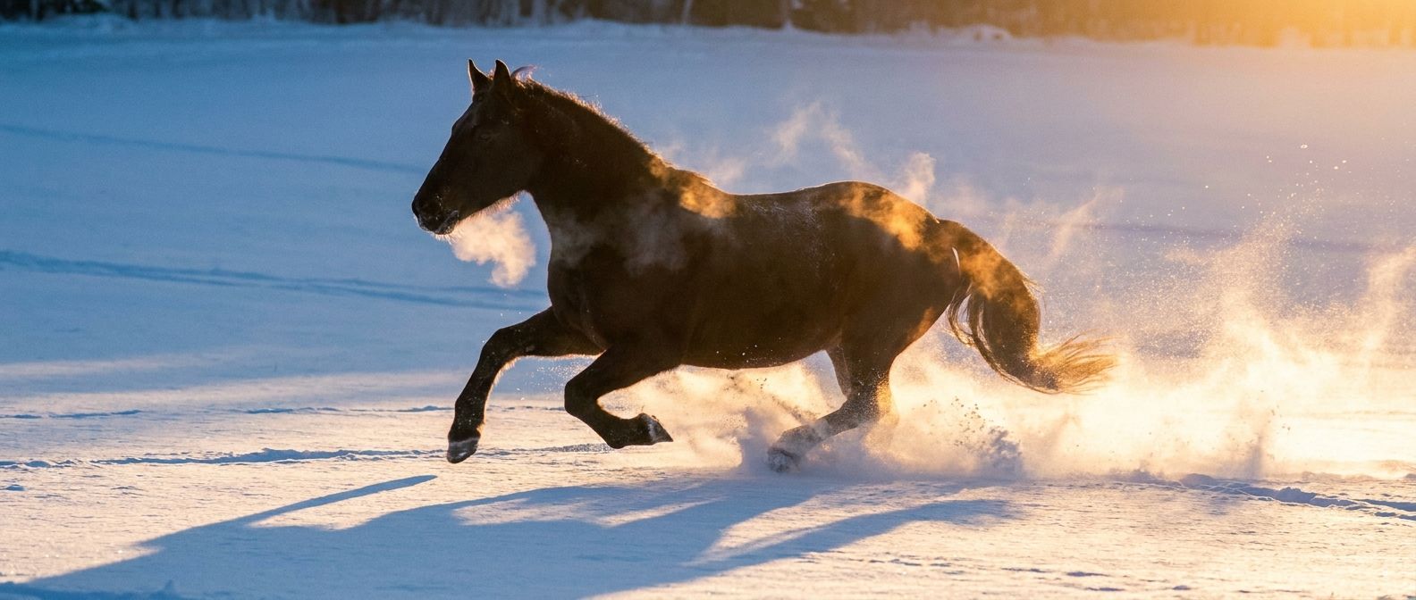 A powerful, dark horse gallops through a pristine, snow-covered field, kicking up powder. Golden sunlight from a low angle illuminates the horse's breath, creating a vibrant contrast between the warm light and cool blue shadows across the wide, horizontal frame, emphasizing strength and speed.