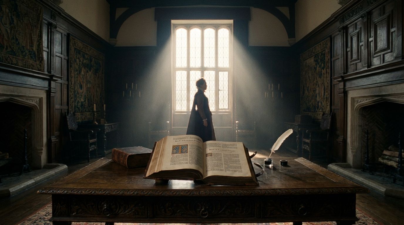 A dramatic wide-angle photograph inside a grand, oak-paneled Elizabethan chamber. In the foreground, an ornate, leather-bound Book of Common Prayer lies open on a heavy carved wooden desk, next to a quill and inkwell. In the soft background, a regal, silhouetted figure stands by a leaded window, gazing out with a sense of deep contemplation, lit by a single shaft of dramatic sunlight.