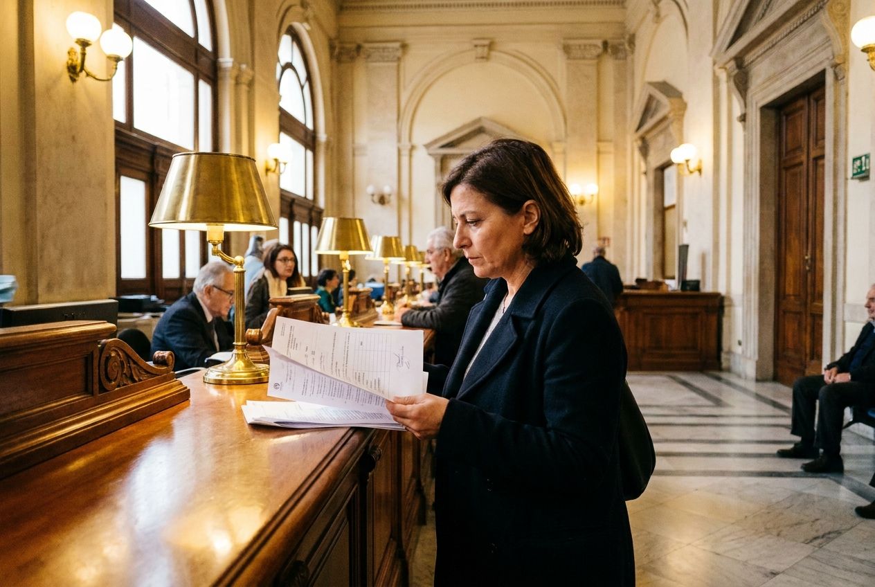 A determined person stands at a polished wooden 'sportello' (service counter) in a classically designed Italian public office, holding a handful of official documents. Soft, warm light illuminates the scene, highlighting the architectural details and the focused expression of the individual, composed for a 3:2 landscape photograph.