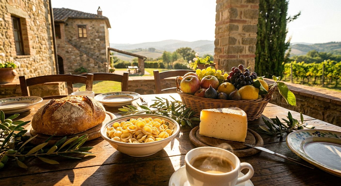 A vibrant, sun-drenched photograph of a rustic wooden table in an Italian setting, laden with a fresh loaf of pane, a bowl of uncooked pasta, a wedge of formaggio, and a basket of colorful frutta including mele. A steaming cup of caffè sits nearby, all bathed in warm, inviting light.