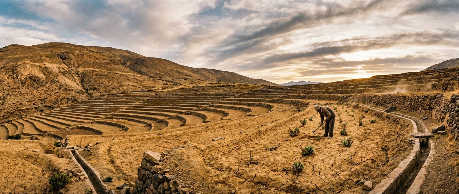A wide-angle, dramatic photograph of terraced fields carved into a dry, sun-baked hillside, with a lone figure in the distance carefully tending to small, resilient crops. The scene captures the human effort in sustainable food production amidst challenging environmental conditions, under a vast, cloud-streaked sky.