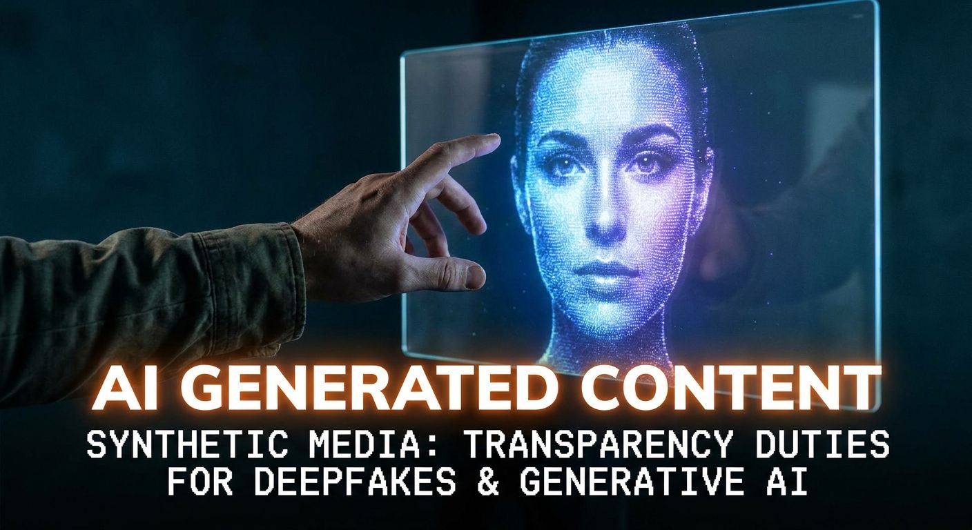 A dramatic, close-up photograph of a person's hand reaching towards a luminous holographic projection or transparent screen. The screen displays an intricately detailed, hyperrealistic image of a human face, with a prominent, glowing digital overlay or text clearly indicating "AI Generated Content" or "Synthetic Media", emphasizing the transparency duties for deepfakes and generative AI.