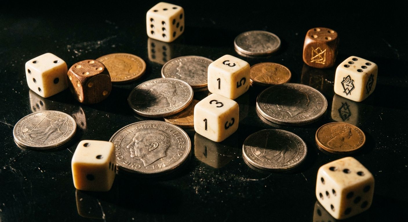 A dramatic, close-up photograph captures several dice and coins scattered across a dark, reflective surface, some dice displaying different numbers while coins show heads or tails. A single, focused light source highlights the metallic gleam and sharp edges, casting dynamic shadows and emphasizing the random yet distinct outcomes.