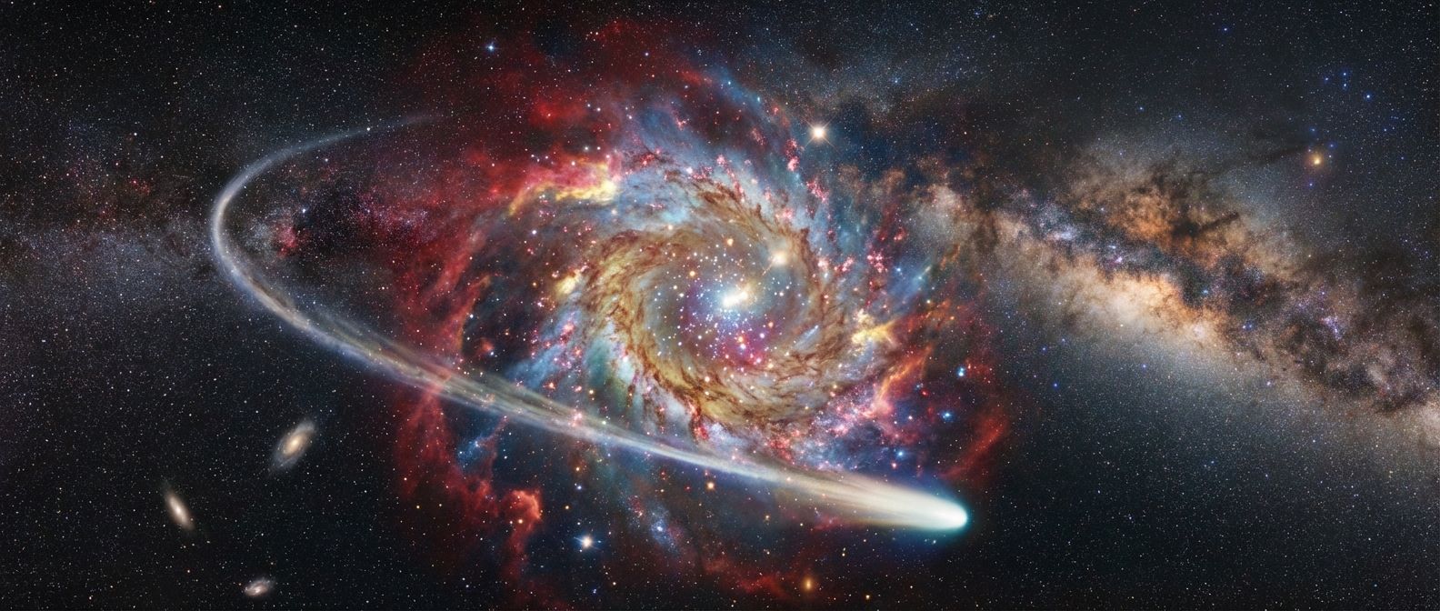 A dramatic, wide-angle photograph of a breathtaking cosmic landscape, featuring a vibrant, swirling nebula where new stars are being born, illuminating clouds of gas and dust. In the foreground, a luminous comet with an elongated tail streaks across the deep space, its path suggesting the intricate orbital mechanics of the solar system.