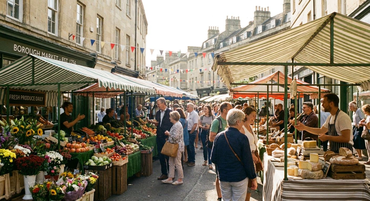 A vibrant photograph of a bustling traditional British street market, with stalls overflowing with colorful fresh produce, flowers, and artisanal goods under soft sunlight. The scene captures the lively chatter of vendors and shoppers, embodying the essence of a quintessential British day and the rhythm of weekly life.