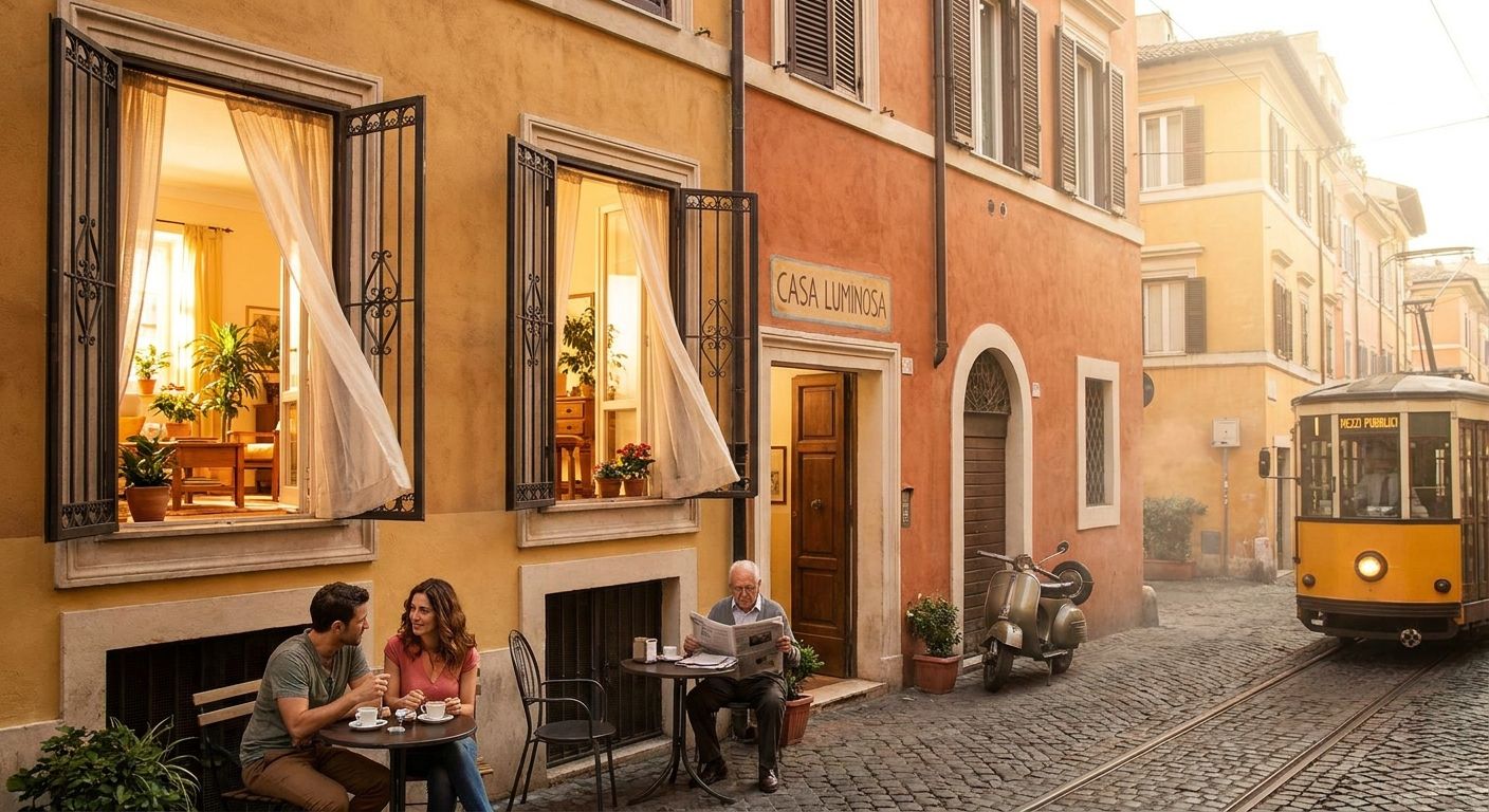 A vibrant, sun-drenched street scene in a picturesque Italian residential neighbourhood. Focus on a charming building with open windows revealing a bright interior, conveying a sense of 'luminoso' and 'casa', while locals enjoy the 'tranquillo' atmosphere with a classic Italian scooter or tram in the background hinting at 'mezzi pubblici' and 'ben collegato'.