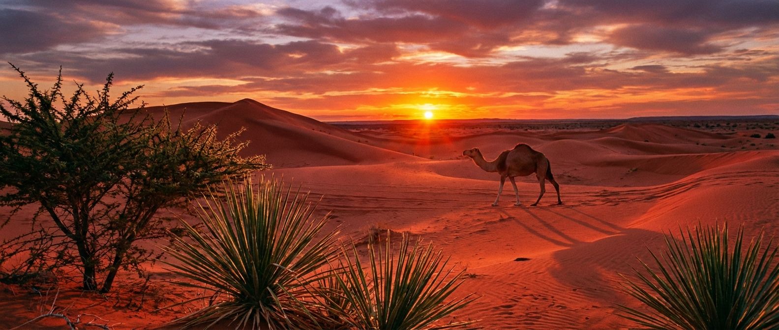 A dramatic wide-angle photograph of a lone dromedary camel walking across vast, undulating red sand dunes at sunset, with a few spiky, adapted desert plants in the foreground, emphasizing the extreme yet beautiful and living desert landscape.
