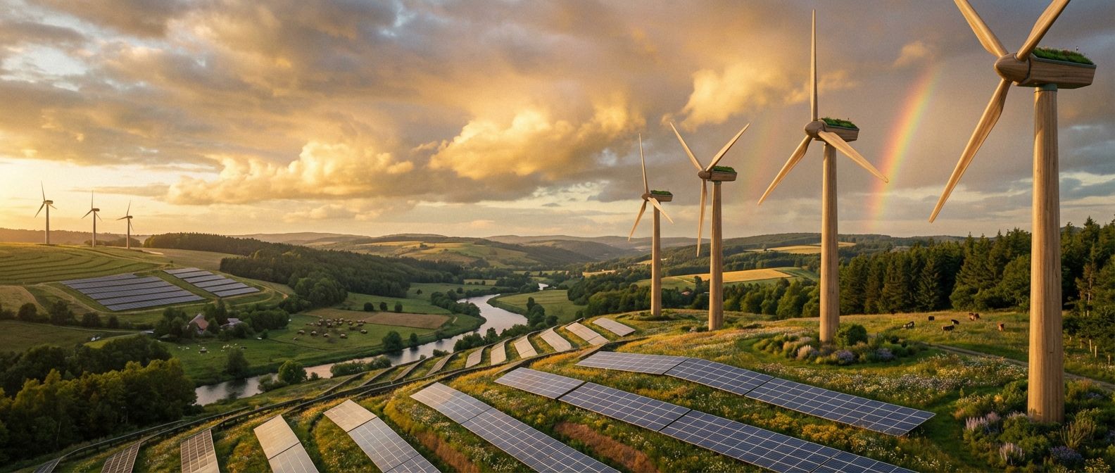 A wide, dramatic landscape shot featuring rows of modern wind turbines or solar panels integrated seamlessly into a lush, thriving natural environment. The scene should evoke a sense of progress and harmony between human innovation and the natural world, under a vast, hopeful sky.