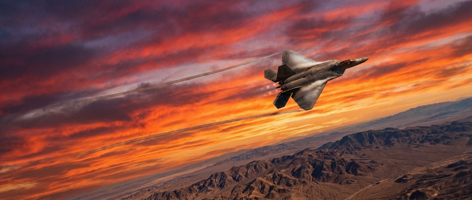 A dramatic, wide-angle photograph of a high-performance jet aircraft executing a sharp turn against a vibrant, streaked sunset sky. The plane is captured mid-maneuver, with visible contrails arcing behind it, powerfully conveying speed, direction, and the dynamic forces of flight.