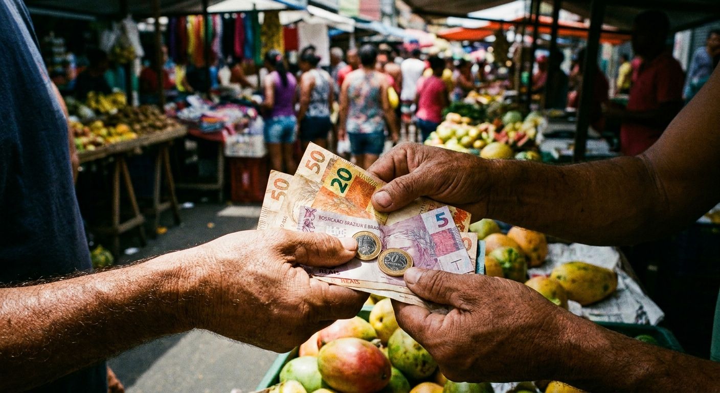 A close-up, dramatic shot of a hand paying with colorful Brazilian Real banknotes and coins to a vendor at a bustling open-air market in Brazil. The transaction is in sharp focus, with vibrant market stalls and blurred people in the background, capturing the lively atmosphere of everyday commerce.
