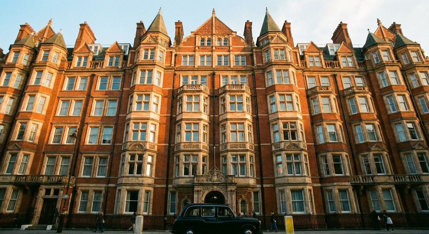 A dramatic low-angle photograph capturing the majestic facade of a classic Victorian or Edwardian apartment building in London, showcasing its many floors extending upwards towards a clear sky. The intricate architectural details highlight the scale, with visible windows on each 'floor' and a sense of grandeur, bathed in warm, inviting golden hour light.