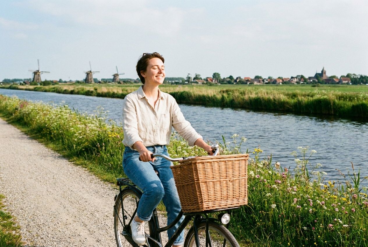 A person in casual clothes leisurely cycling a bicycle along a tranquil canal path in the Dutch countryside on a sunny day. Windmills dot the distant horizon, and the rider's relaxed posture conveys a sense of freedom and no immediate obligations. Vivid photograph, 3:2 landscape.