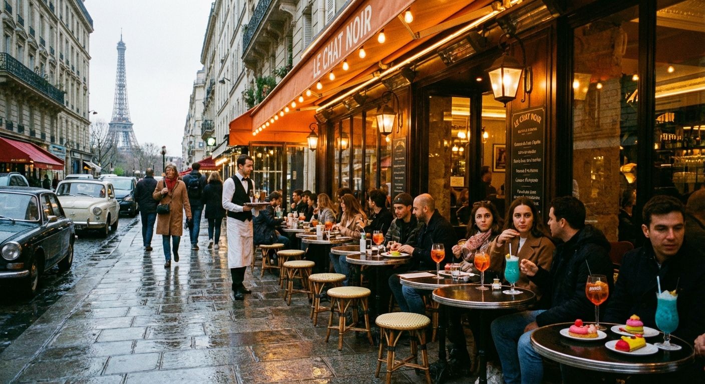This image depicts a classic Parisian street scene on a cloudy day. In the background, the Eiffel Tower is visible down the street. The focus is on "Le Chat Noir" cafe, bustling with people seated at small, round tables. An orange awning, illuminated by warm lights, covers the outdoor seating. A waiter in a white shirt and black vest is serving guests. The street is wet and reflective, indicating recent rain. Cars line the street and pedestrians are walking by. The color palette is muted, with greys and browns dominating, accented by warm oranges and yellows from the cafe lighting. The style is realistic, with a vintage, slightly grainy quality.