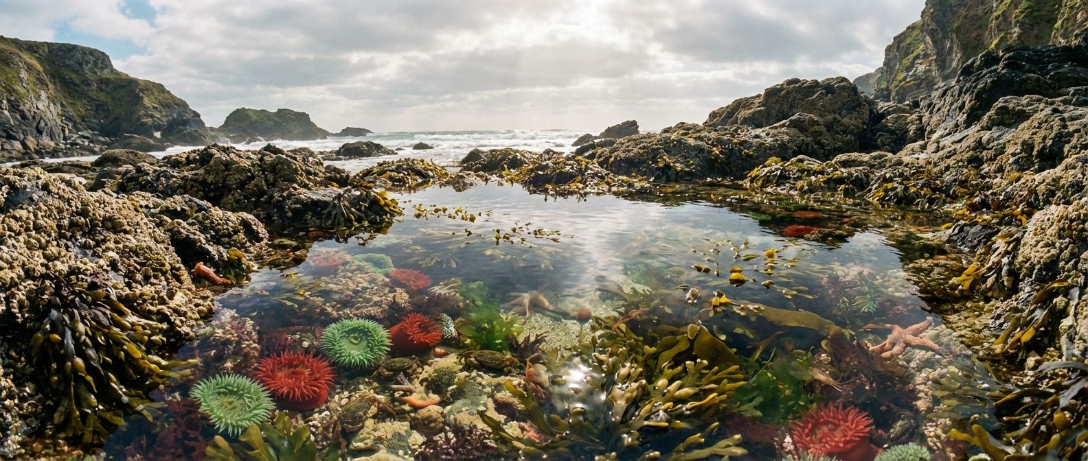 A vivid, wide-angle photograph of a vibrant rock pool on a British coastline at low tide, showcasing diverse marine life like anemones, small crabs, and seaweed thriving in the clear water and rocky environment under soft sunlight.