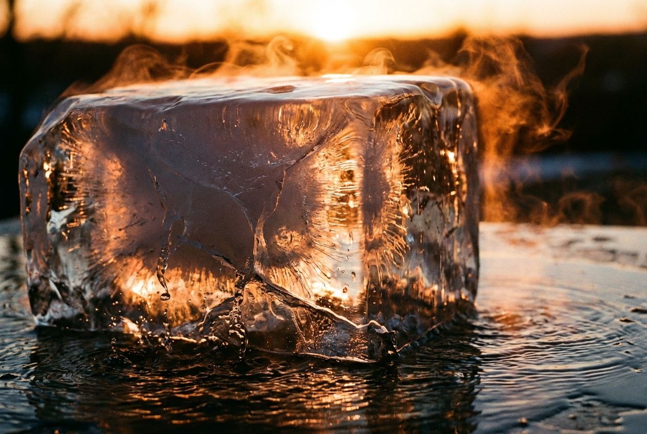 A dramatic close-up photograph of a large, clear block of ice rapidly melting into a pool of water, with tendrils of steam visibly rising from the surface. Warm, intense backlighting creates strong contrasts and highlights, composed for a 3:2 landscape frame.