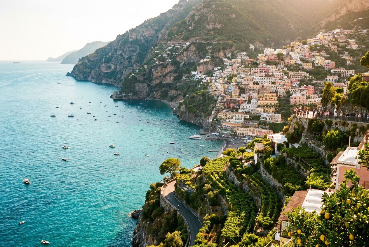 A breathtaking wide-angle photograph of the colorful cliffside villages cascading down to the sparkling turquoise sea along the Amalfi Coast in Italy. The vibrant scene, bathed in warm afternoon sunlight, captures the essence of a beautiful Italian holiday destination, composed for a 3:2 landscape frame.