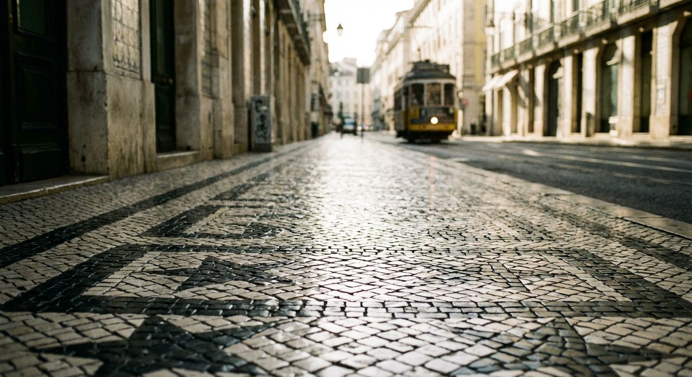 A cinematic, low-angle photograph of the intricate black and white patterns of a traditional Portuguese cobblestone sidewalk (calçada portuguesa) in Lisbon, glistening slightly under soft morning light. The rhythmic, geometric mosaic creates a high-contrast play of light and shadow that leads the eye toward a soft-focus background of a sun-drenched alleyway.