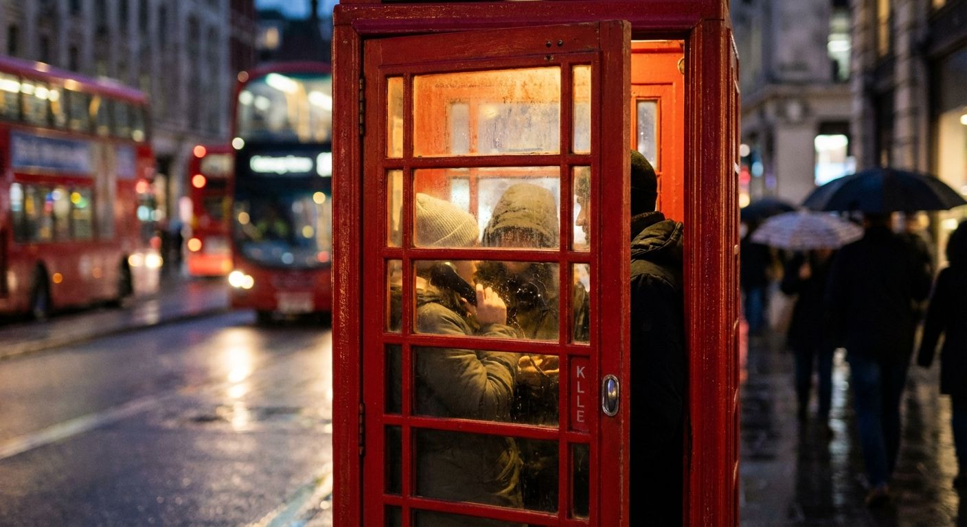 The image captures a cinematic scene set in London on a rainy evening. A classic red telephone booth is the focal point, its open door revealing two people inside, one holding a phone. The booth is lit from within, creating a warm glow against the cool, rainy atmosphere. In the background, iconic red double-decker buses are blurred, adding to the city's ambiance. Pedestrians with umbrellas walk by, contributing to the rainy street scene. The composition uses shallow depth of field, blurring the background and emphasizing the subjects in the phone booth. The color palette is dominated by reds, grays, and blues, creating a moody and atmospheric feel.
