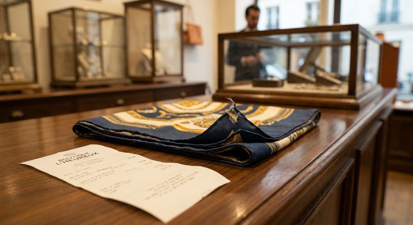 A close-up photograph captures a luxurious silk scarf with a small, elegant tear, lying on a polished wooden counter inside a chic Parisian boutique. A crumpled paper receipt is placed beside the scarf, hinting at a recent transaction and the need for an exchange or refund. The lighting is soft and inviting, emphasizing the texture of the silk and the sophisticated shop ambiance.