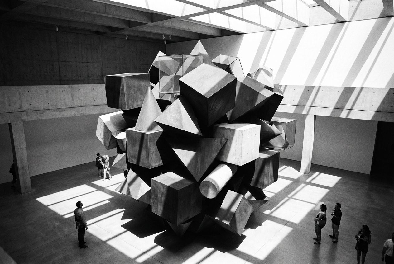 A dramatic, high-angle shot of a complex geometric sculpture made of various 3D shapes (cubes, pyramids, cones, cylinders) casting sharp shadows in a brightly lit gallery.