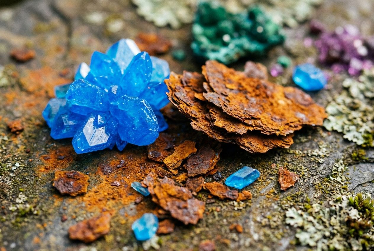 A dramatic, close-up photograph showcasing the vibrant, distinct colours of transition metal compounds, featuring brilliant blue copper sulfate crystals next to rich, earthy orange-brown rust (iron oxide). The scene is bathed in natural light, emphasizing the crystalline and textured surfaces, composed for a wide 3:2 landscape frame.