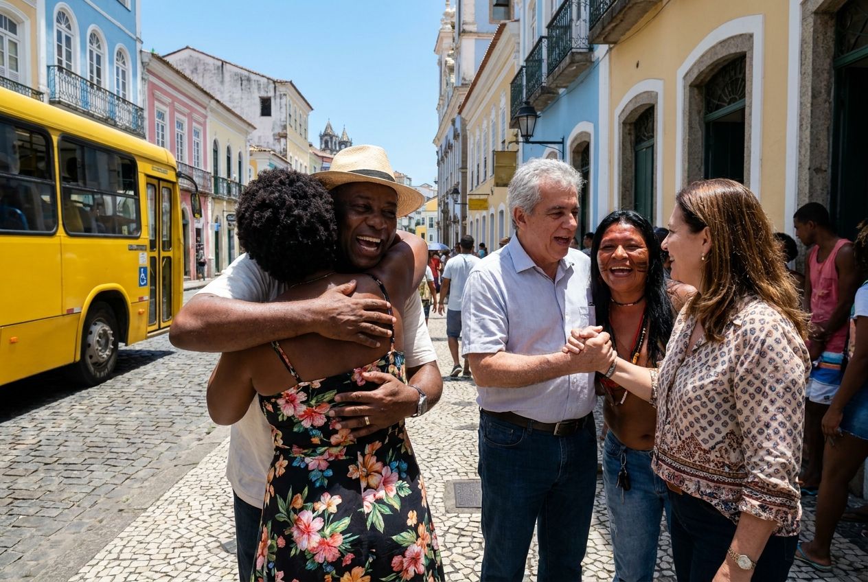 A candid photograph captures a group of diverse Brazilians warmly greeting each other with genuine smiles and eye contact on a sun-drenched street in a vibrant Brazilian city. The scene emphasizes natural, everyday polite interactions and friendly body language, set against a lively urban backdrop. Bright, natural lighting, 3:2 landscape.