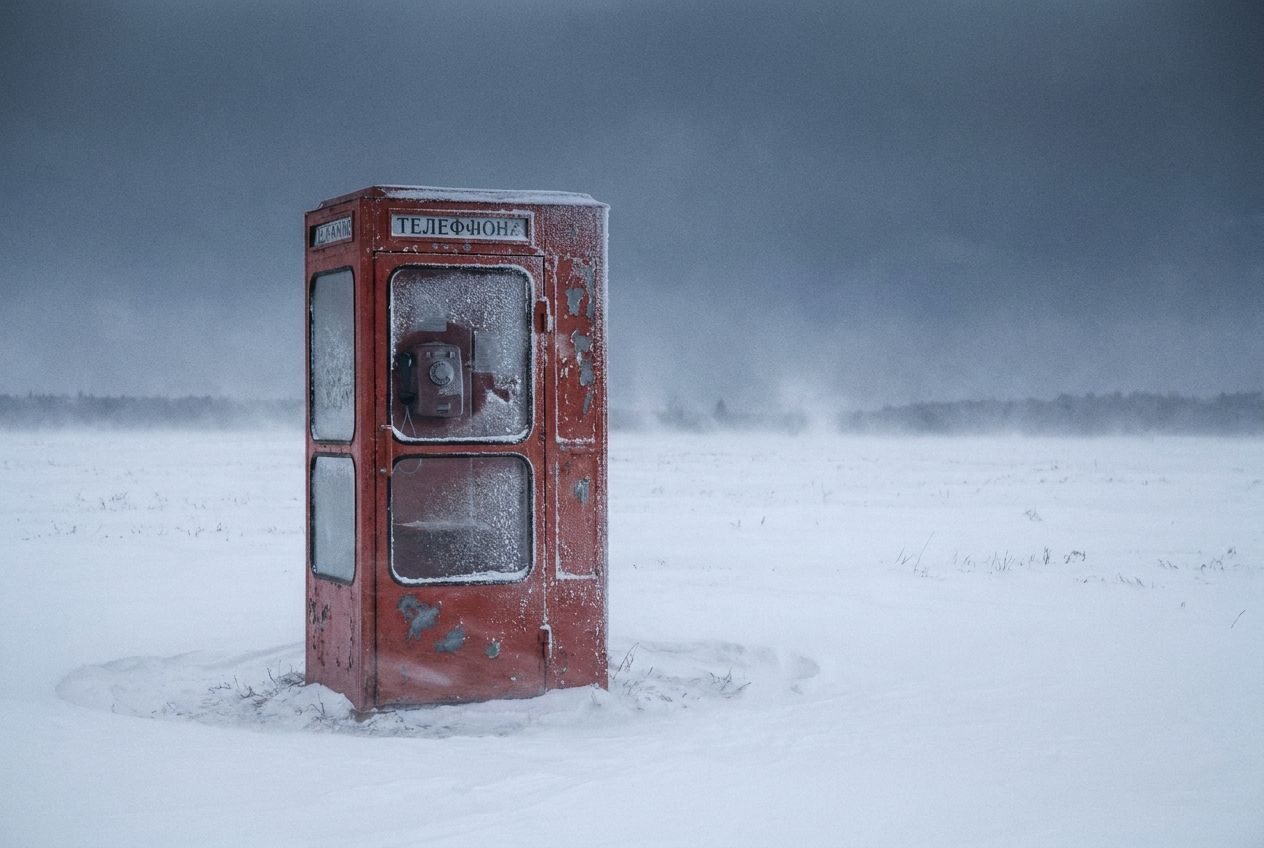 A solitary, vintage red public telephone booth stands in a vast, snow-covered Russian field, captured in a wide, dramatic 3:2 landscape photograph. Swirling snow partially obscures the booth's frosted glass and the phone inside, conveying a powerful sense of difficult connection and isolation under a cold, muted winter sky.