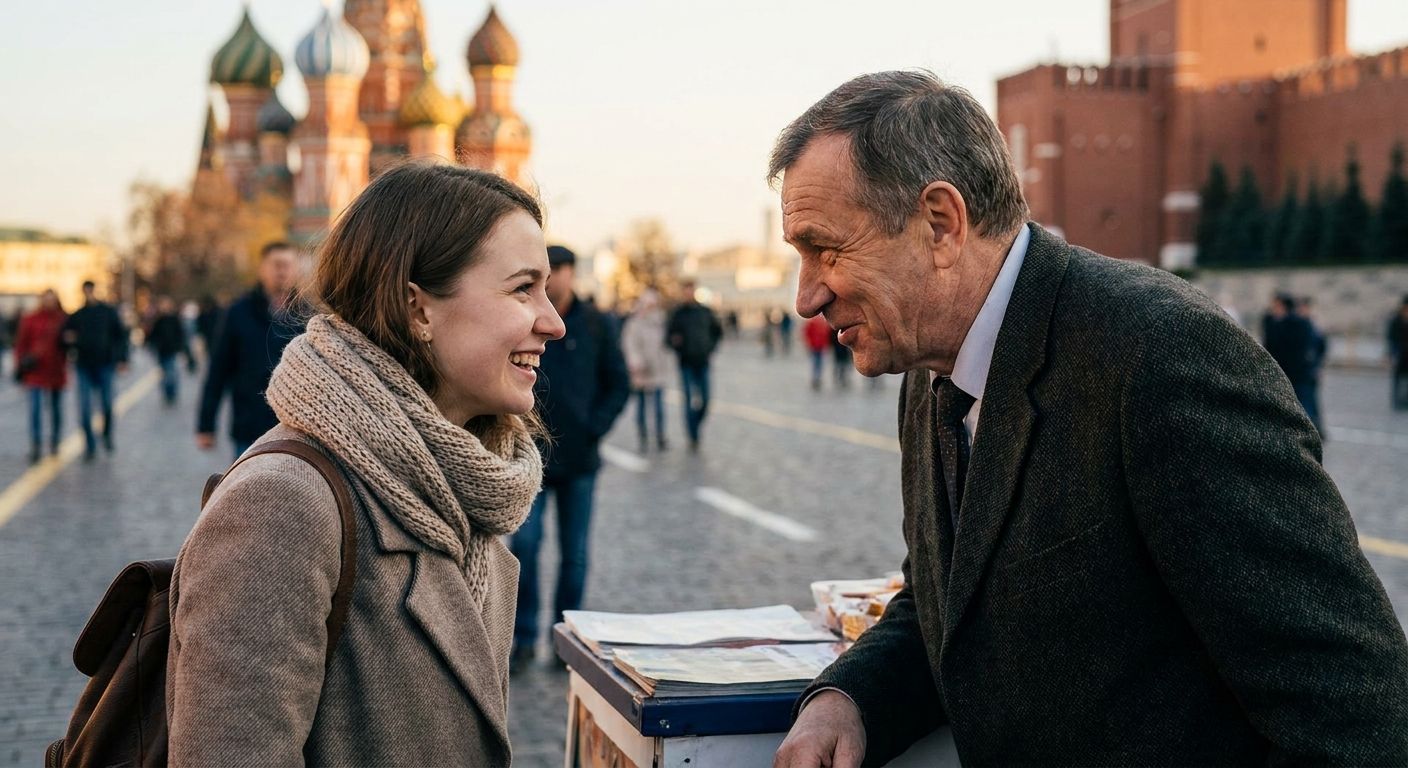 A candid close-up, medium-distance shot of a young woman with a warm, inviting smile engaging in direct eye contact with an older, formally dressed man, his expression open and friendly, as if moments into a first conversation. They are framed against a softly blurred, vibrant backdrop of a traditional Russian city square, bathed in golden hour light, highlighting the subtle difference in their attire.